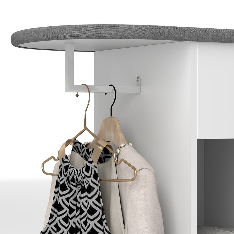 Mobile Asse da Stiro 125x43,5x112 cm con Ruote Barra per Abiti e Ripiani Bianco  