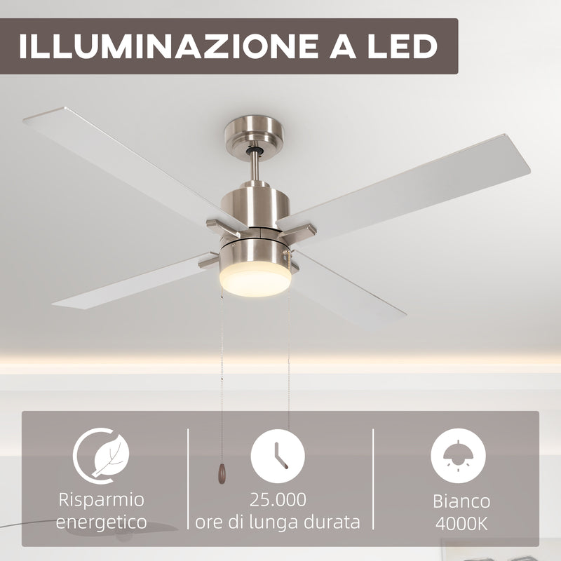 Ventilatore da Soffitto con Luce LED Ø130 cm 3 Velocità e Motore Reversibile Argento e Legno