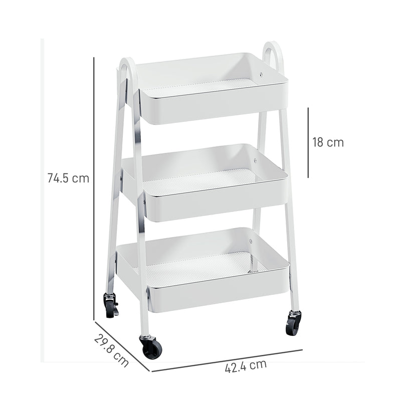 Carrello da Cucina Multiuso a 3 Livelli 42,4x29,8x74,5H cm con Ruote e Freno Bianco   