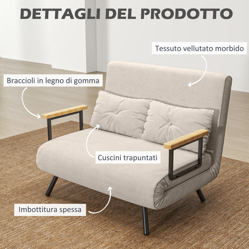 Divano Letto con Schienale Reclinabile e 2 Cuscini in Tessuto Effetto Velluto Bianco Crema  