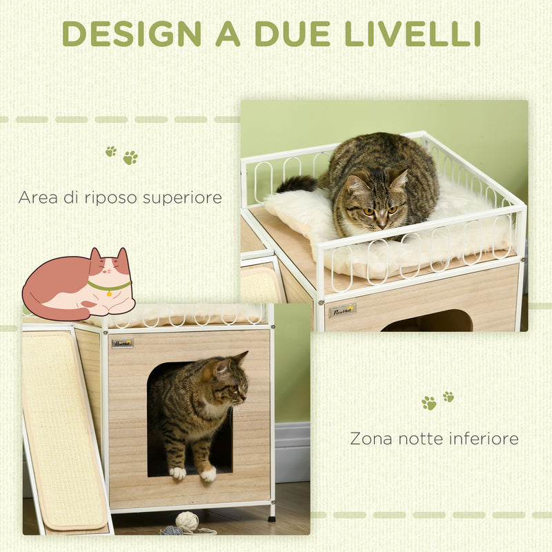 Casetta per Gatti 56x40x54 cm con Tiragraffi e Scaletta Legno e Bianco