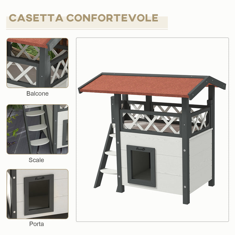 Casetta per Gatti da Esterno con Terrazza e Scaletta 77x50x73 cm in Legno Bianco e Grigio