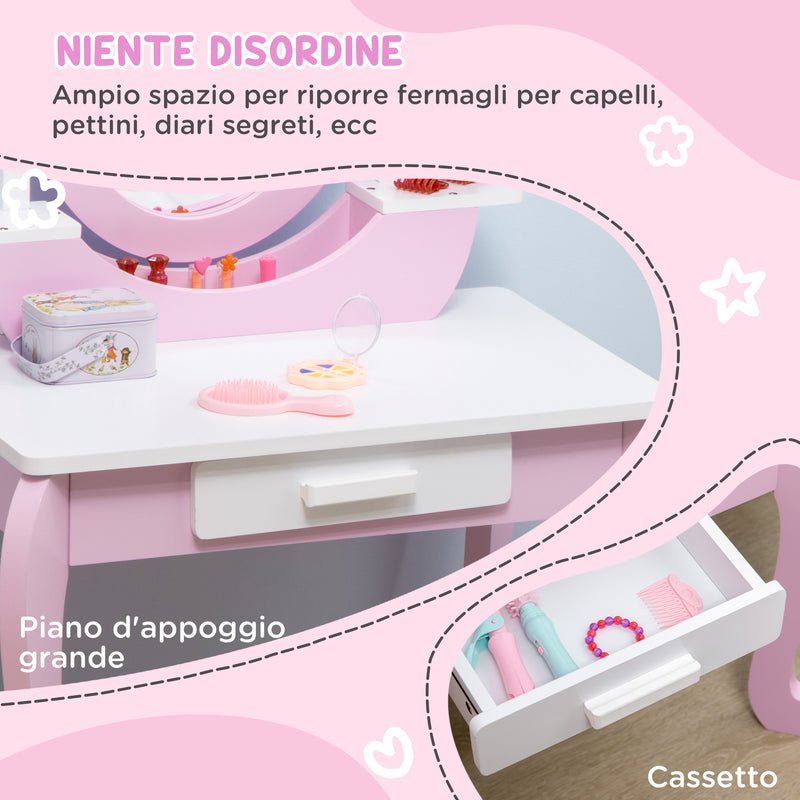 Specchiera Giocattolo per Bambine Tavolo Trucco con Specchio e Sgabello Rosa  