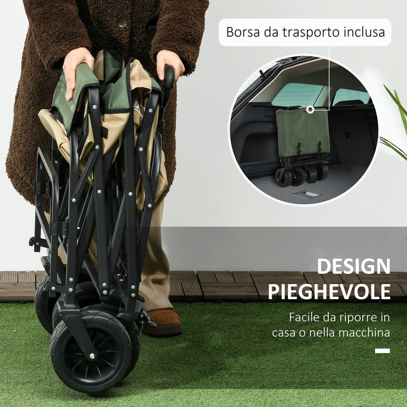 Carrello da Giardino 110L con Maniglia Telescopica e Fondo Apribile in Acciaio e Tessuto Oxford Cachi
