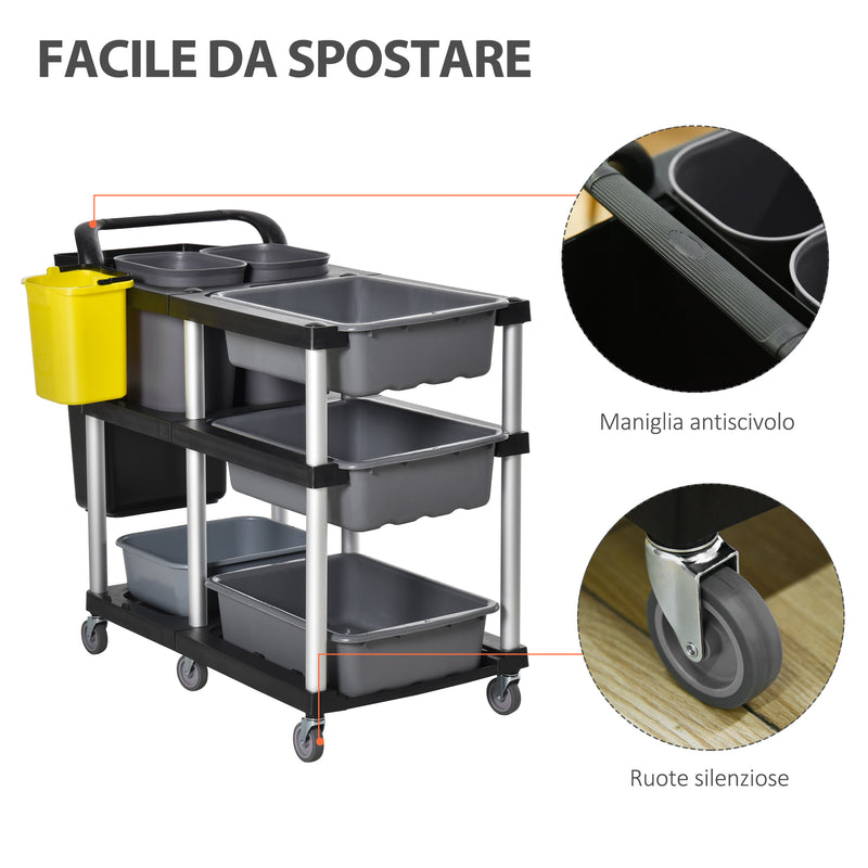 Carrello Pulizie Professionale 3 Livelli 110x50x92 cm in Plastica e Alluminio Grigio