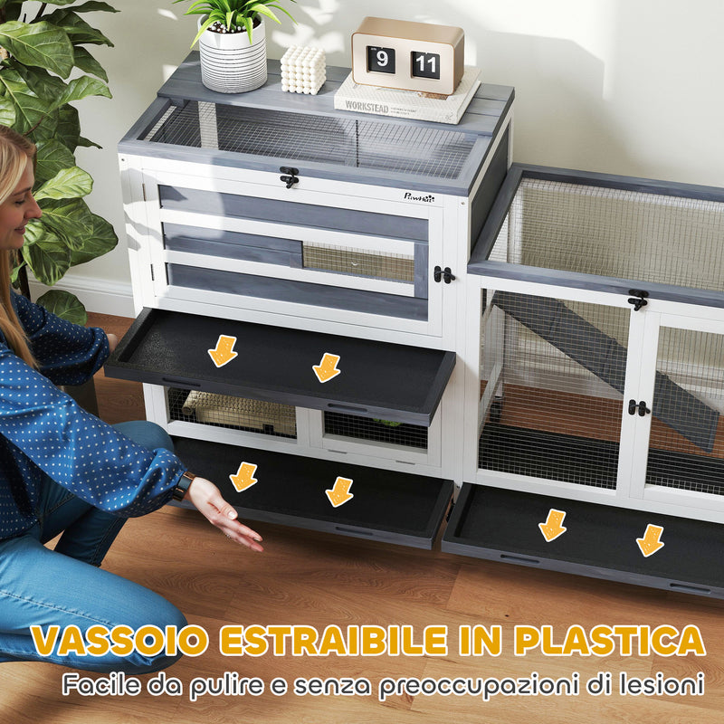 Conigliera a 2 Livelli 147x45x89,5 cm con Rampa e 3 Vassoi  in Legno di Abete e Acciaio Grigio e Bianco  