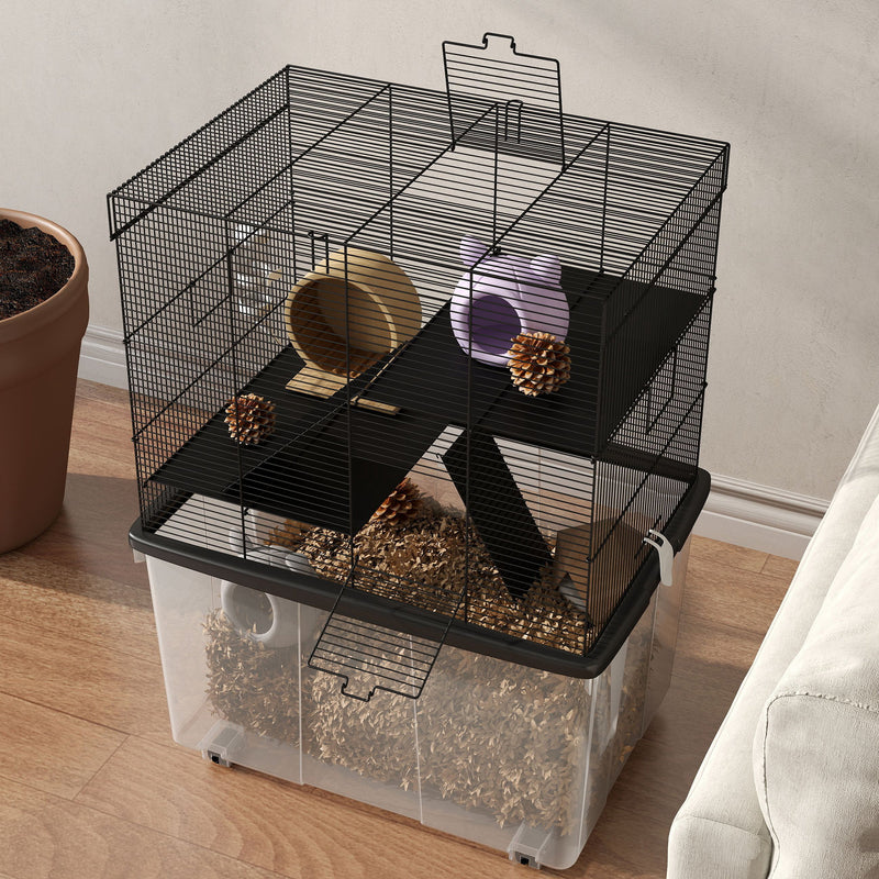Gabbia per Criceti a 3 Piani 58x43x74 cm con Rampe e Accessori Nero   