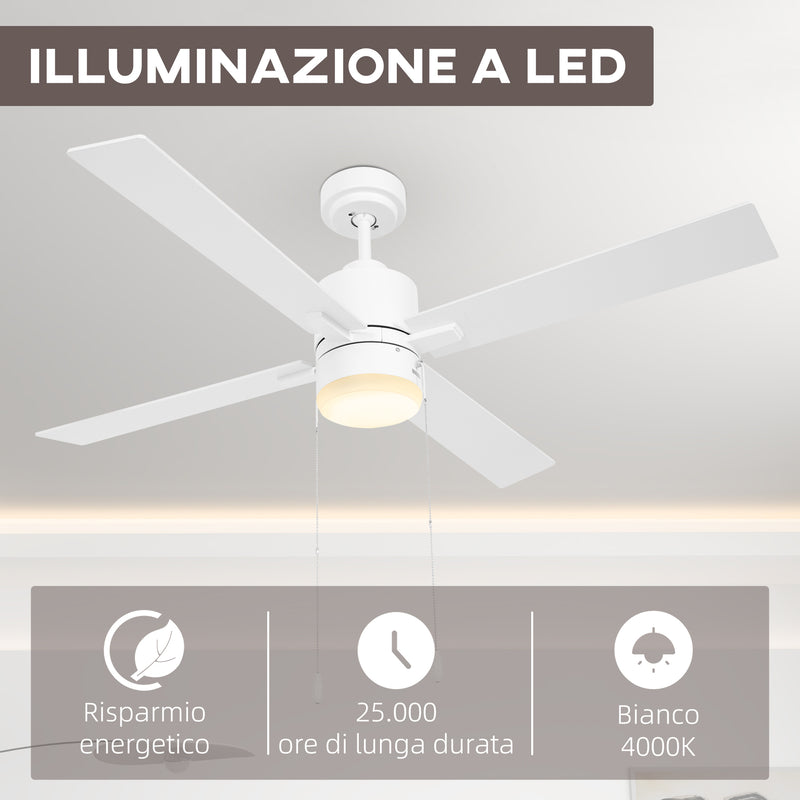 Ventilatore da Soffitto con Luce LED Ø130 cm 3 Velocità e Motore Reversibile Bianco e Legno