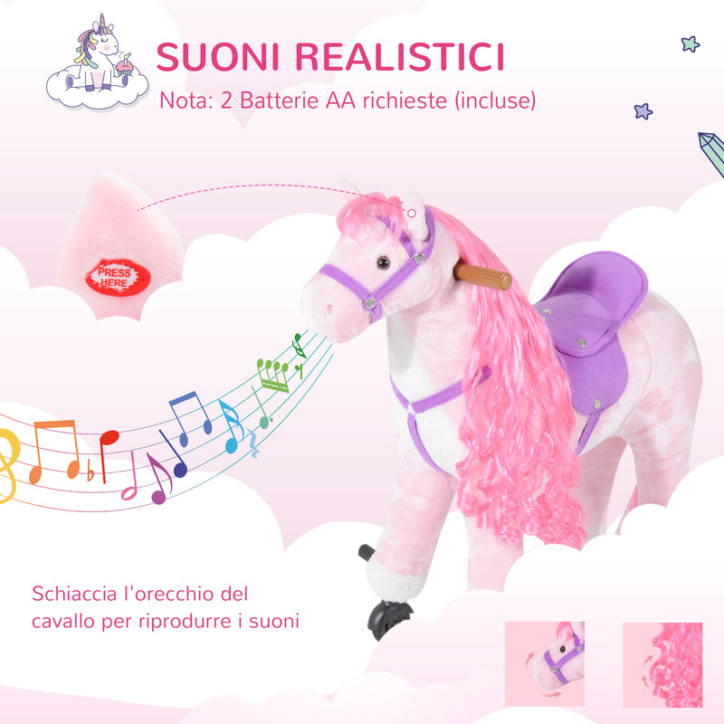 Cavallo a Dondolo per Bambini 65x28x75 cm con Rotelle Suoni e Poggiapiedi Rosa