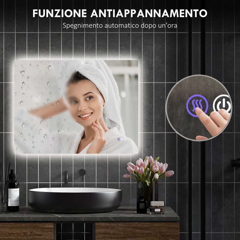 Specchio da Bagno Antiappannamento Retroilluminato LED Luminosità Regolabile 80x60x4 cm  