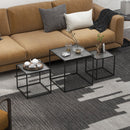 Set 3 Tavolini Quadrati Impilabili in Acciaio e Vetro Temperato Nero e Effetto Marmo