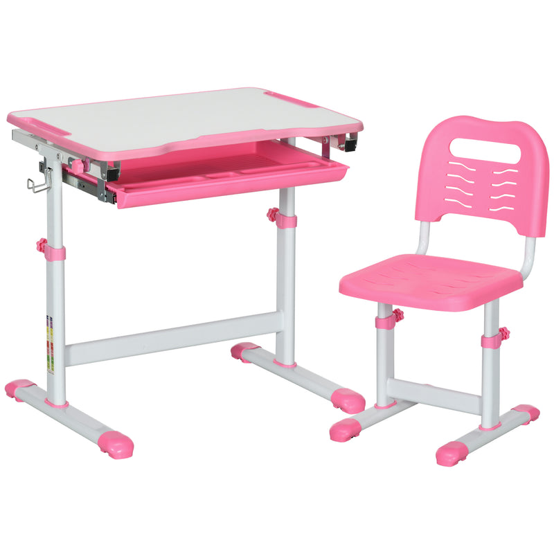 Banco Scuola per Bambini Piano Inclinabile e Sedia Regolabile 66x47x52-77 cm Rosa 