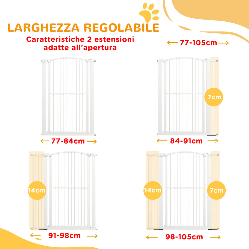 Cancellino per Cani Regolabile con 2 Estensioni 77-105x120 cm in Acciaio e Doppio Blocco Bianco