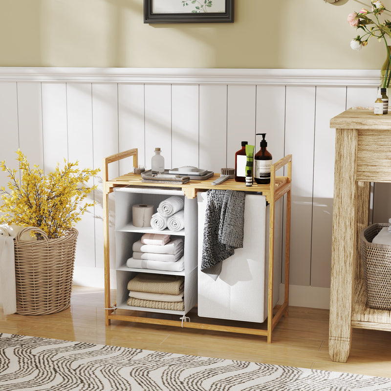 Cesto Portabiancheria 70x36x70 cm con 2 Borse Estraibili e Ripiano in Bambù Bianco   