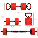 Set Pesi da Palestra 4 in 1 da 20kg Convertibile in Kettlebell Manubri Bilanciere Rosso    