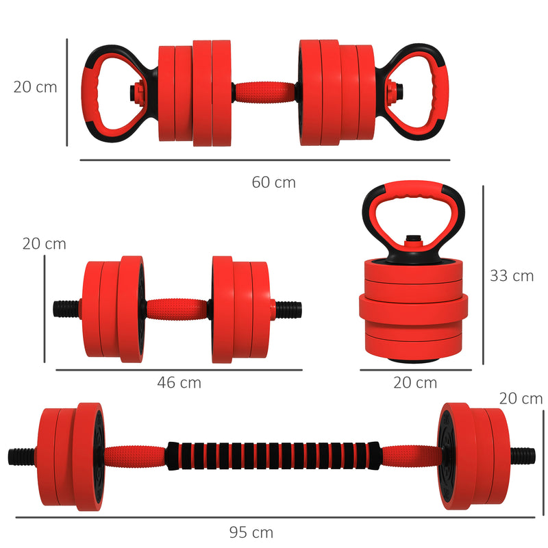 Set Pesi da Palestra 4 in 1 da 20kg Convertibile in Kettlebell Manubri Bilanciere Rosso    
