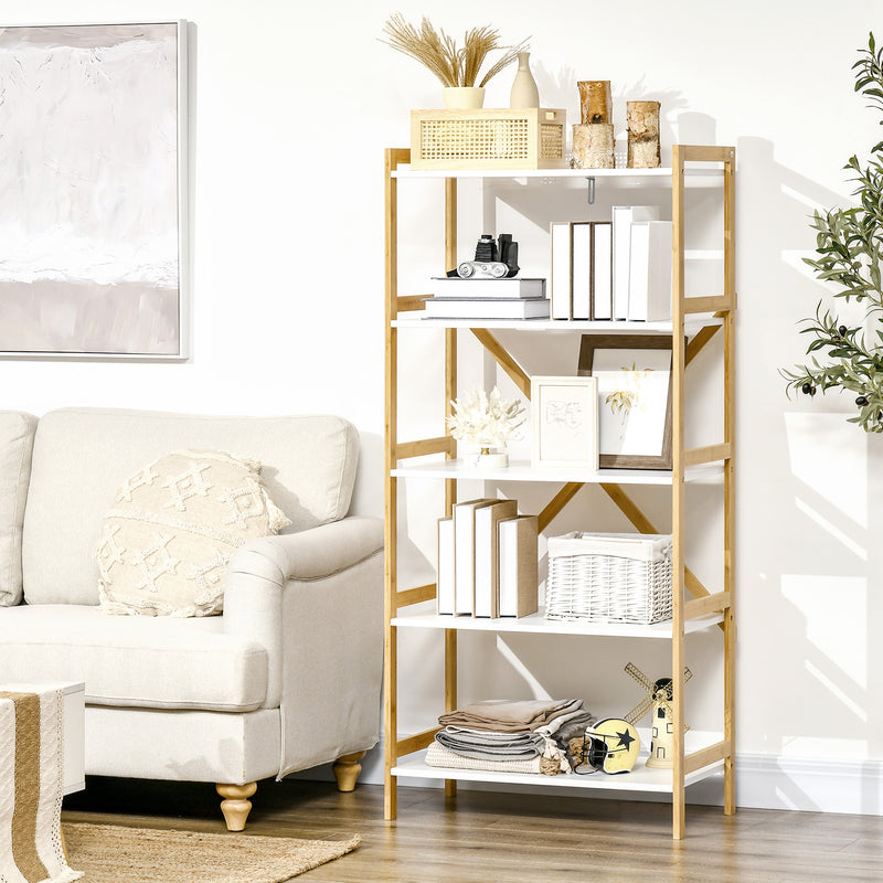 Scaffalatura a 5 Piani 70x37,5x150 cm in Bamboo e MDF Bianco