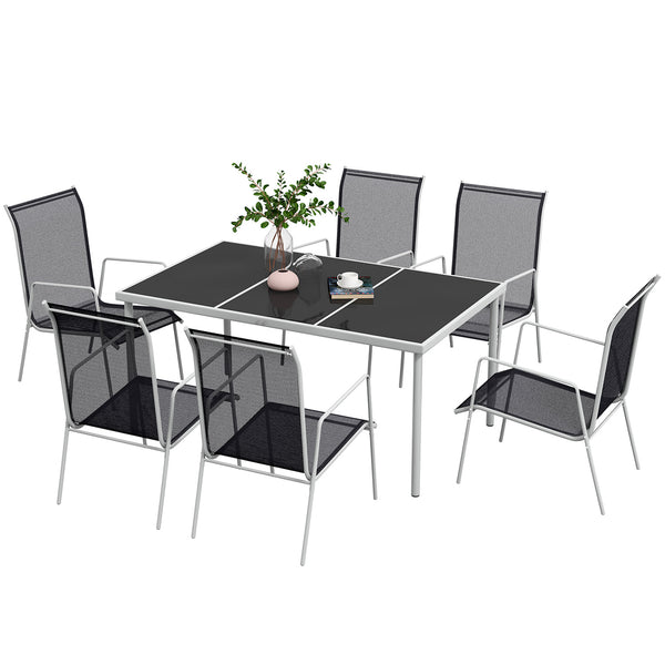 Set Tavolo con Top in Vetro 6 Sedie Impilabili da Giardino in Acciaio e Textilene Nero sconto