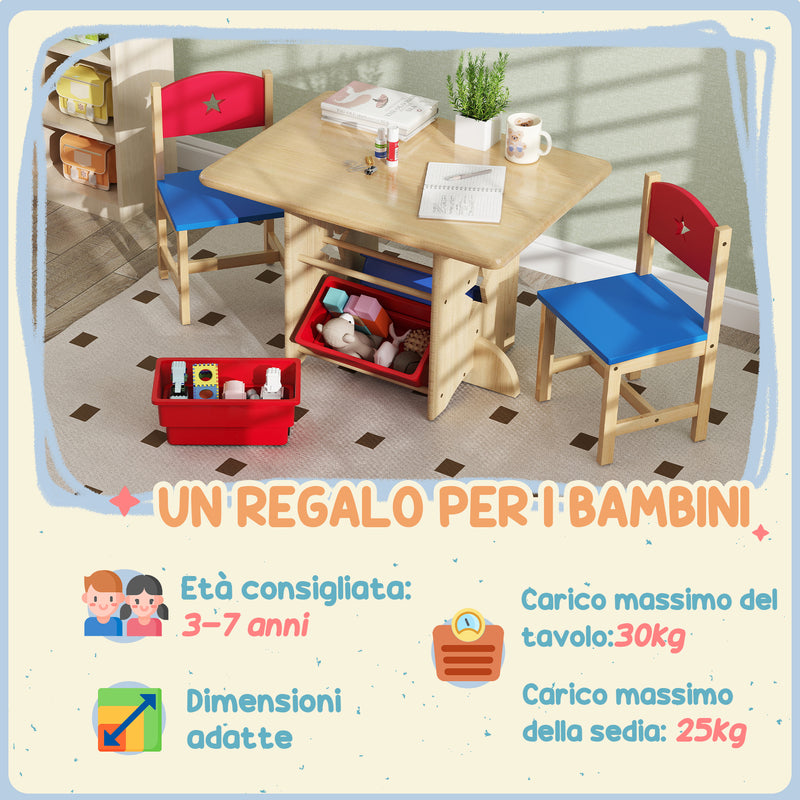 Set Tavolo e Sedie per Bambini con 4 Contenitori per Giochi in Legno e PP   