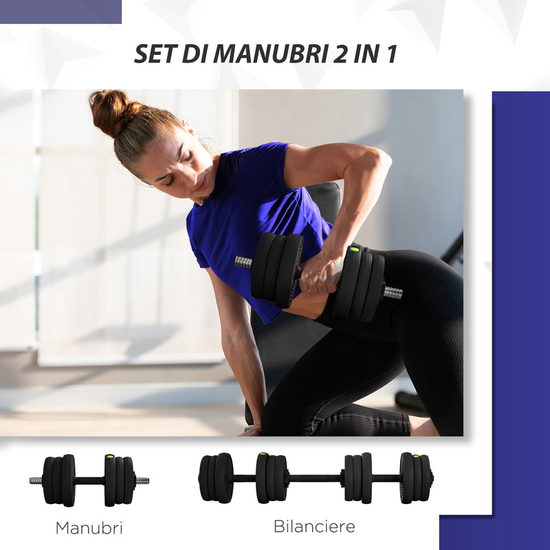 Set 2 in 1 con 2 Manubri Convertibili in Bilanciere Peso Totale 20 kg Nero    