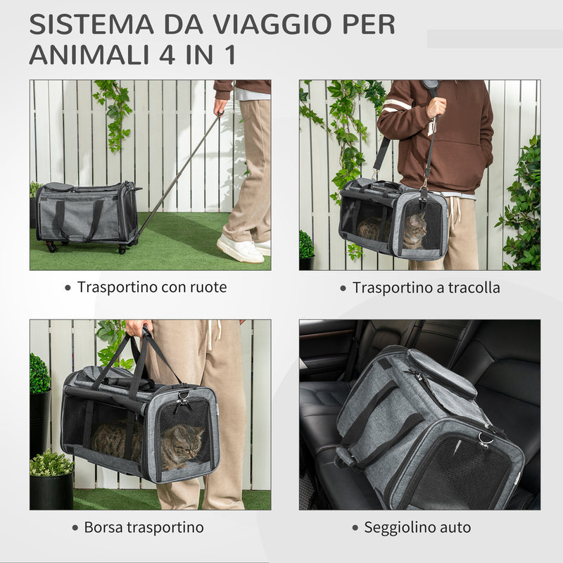 Trasportino per Cani e Gatti 4 in 1 Pieghevole 50x31x37 cm con Maniglia Telescopica Grigio