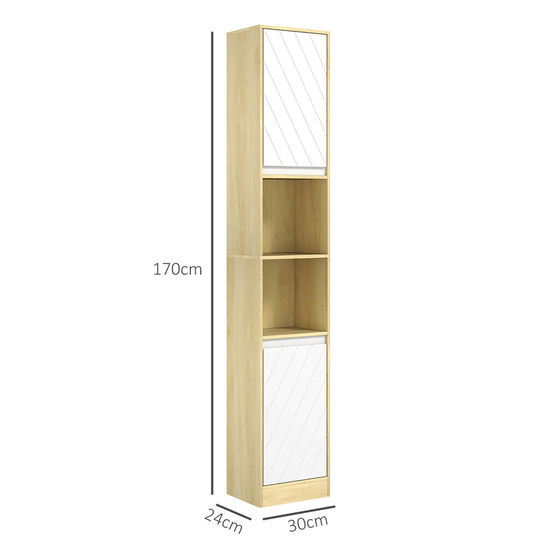 Mobile a Colonna da Bagno Salvaspazio con 2 Armadietti e 2 Ripiani 30x24x170 cm Rovere e Bianco 