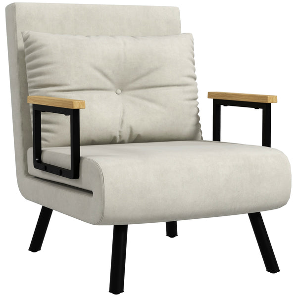 Poltrona Letto Singolo Reclinabile con Cuscino Sfoderabile in Tessuto Effetto Lino Crema  