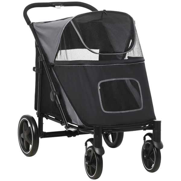 acquista Passeggino per Cani Taglia Media e Grande 112x65x100 cm Pieghevole con Ingressi a Cerniera Grigio Scuro e Nero
