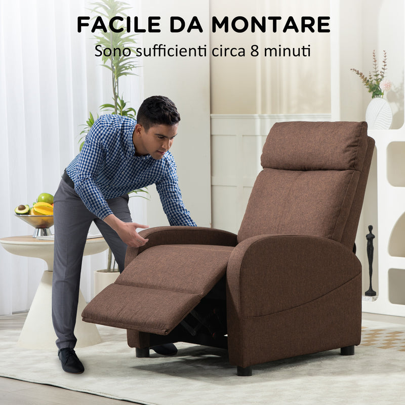 Poltrona Reclinabile con Poggiapiedi in Tessuto Effetto Lino Marrone  