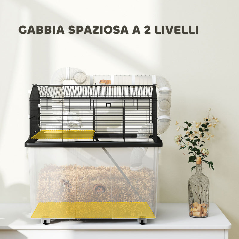 Gabbia per Criceti a 2 Piani 58x43x57 cm con Rampa e Accessori Nero   
