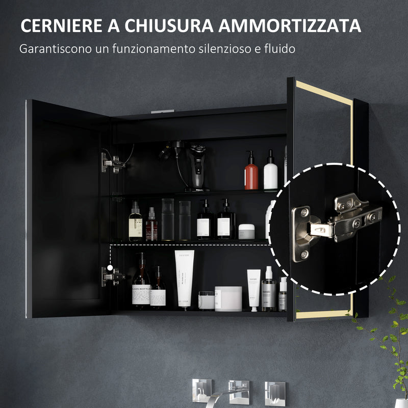 Armadietto a Specchio da Bagno 80x12,8x60 cm Illuminato a LED 3 Tonalità in Vetro e Alluminio Nero  