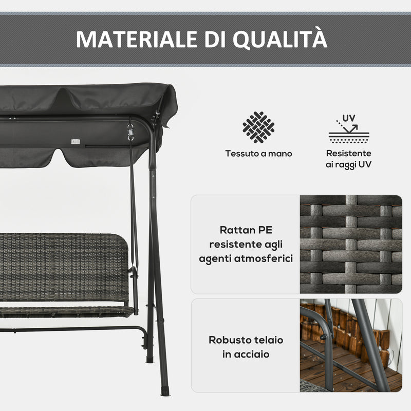 Dondolo da Giardino 3 Posti 167x112x153 cm con Tettuccio Regolabile in Rattan PE Grigio Scuro  