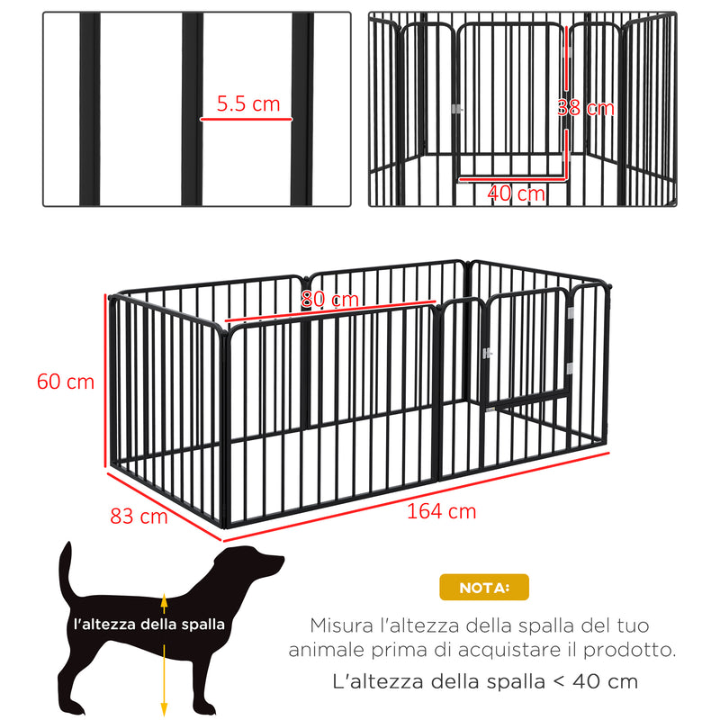 Recinto per Cani a 6 Pannelli Modulabili da Interno ed Esterno 164x83x60 cm in Acciaio Nero