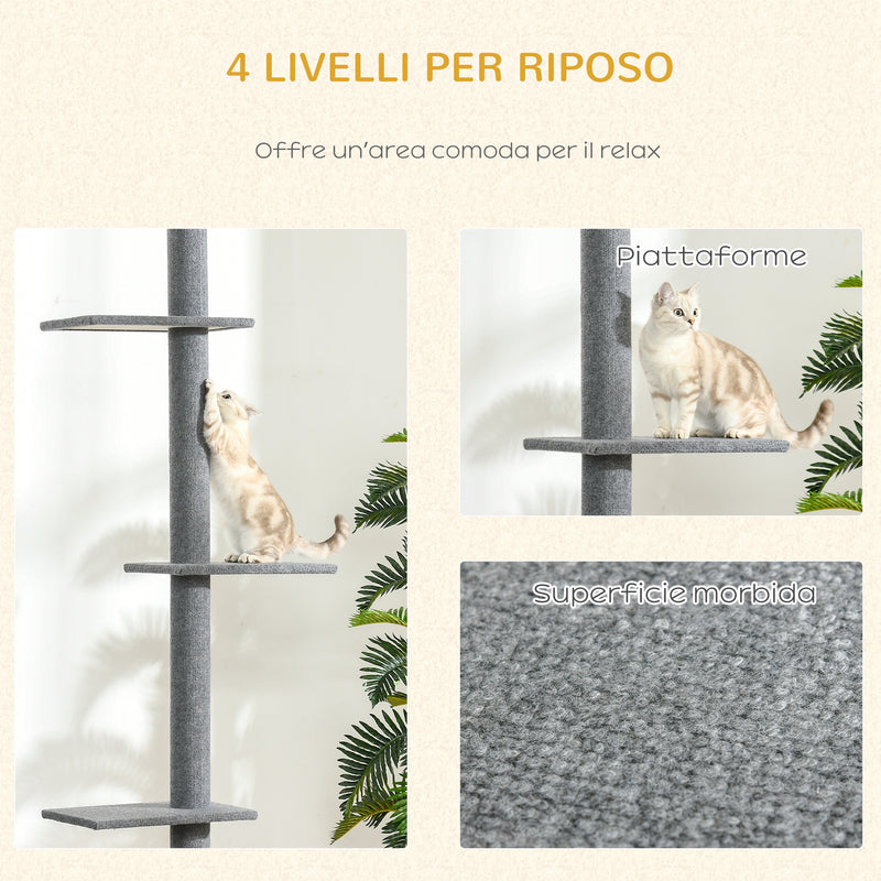Albero Tiragraffi per Gatti a Soffitto 4 Livelli 43x27x228-260cm Altezza Regolabile Grigio