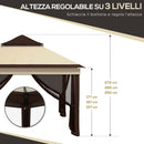 Gazebo Regolabile su 3 Livelli con Pareti Rimovibili 3x3m in Acciaio e tessuto Oxford Caffè e Beige