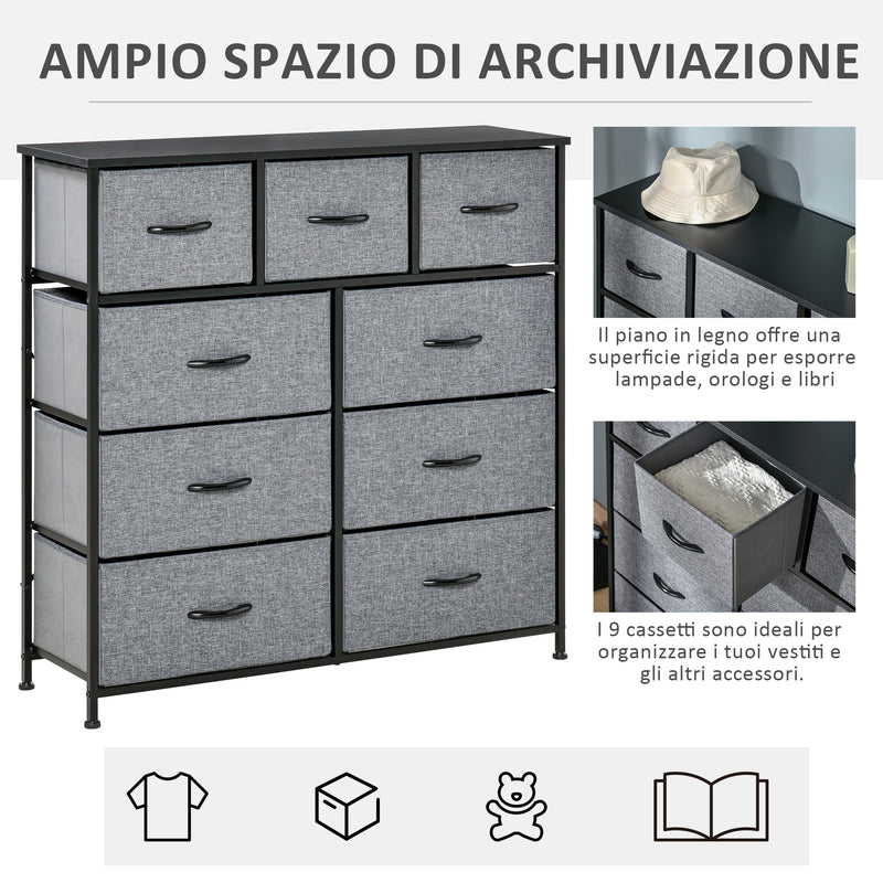 Cassettiera 9 Cassetti in Tessuto Pieghevoli Struttura in Acciaio 100x30x100 cm Nero e Grigio  