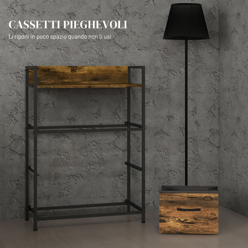 Cassettiera 4 Cassetti Design Industriale 60x29x85 cm in Acciaio Legno e Tessuto Marrone e Nero   