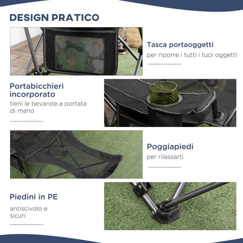 Sedia da Campeggio Pieghevole 58x148x90 cm con Poggiapiedi Nera