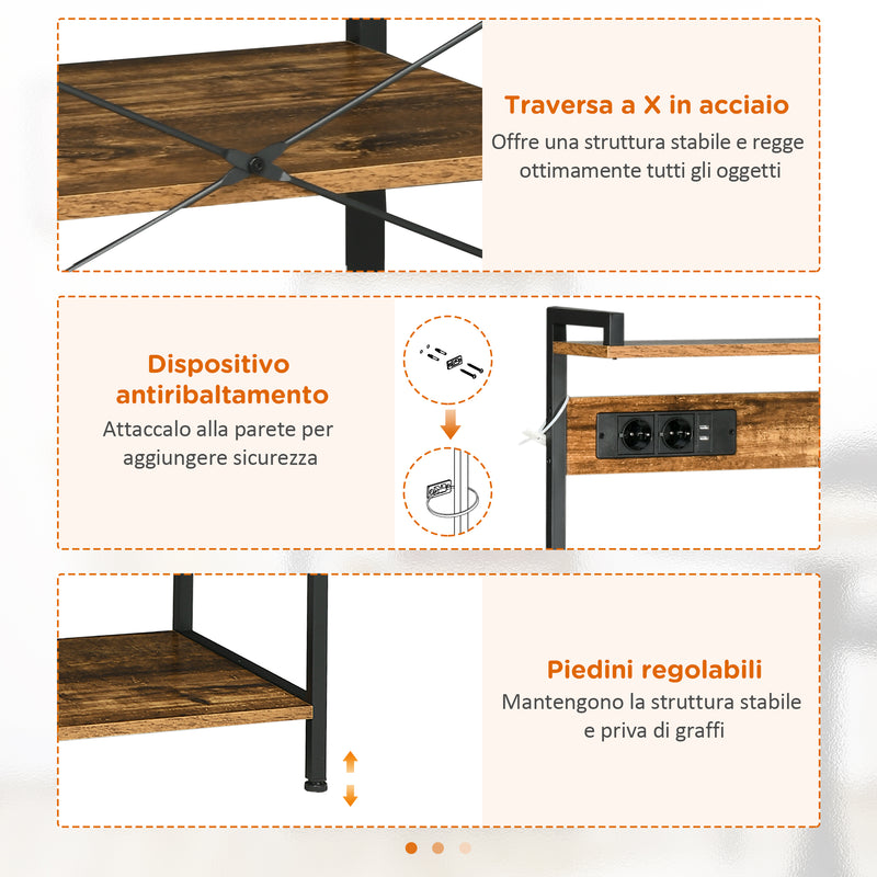 Scaffale Cucina con Multopresa 90x42x130 cm in Legno e Acciaio Marrone Rustico
