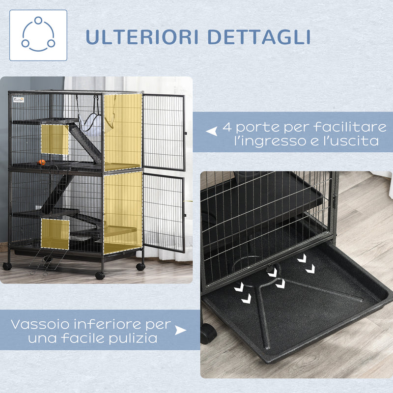 Gabbia per Conigli a 5 Livelli con 4 Ingressi e Amaca 80x52x128 cm in Metallo e PP Argento e Nero