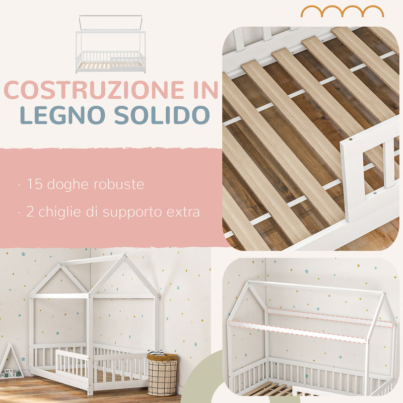 Letto Singolo per Bambini Casetta 96x195x165 cm con Doghe e Recinzione in Legno di Pino Bianco 