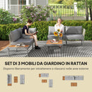 Set Salotto da Giardino 2 Divani e Tavolino Basso a Doghe in Rattan e Acciaio Grigio e color Legno   