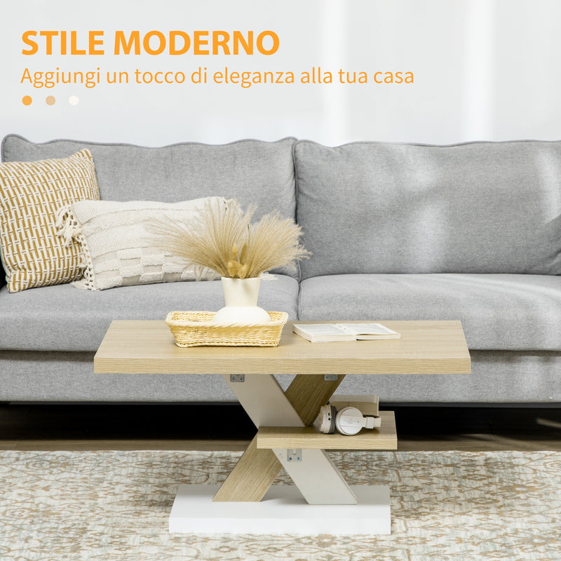 Tavolino da Caffè  90x60x45 cm con Ripiano Centrale in Legno Bianco e Legno