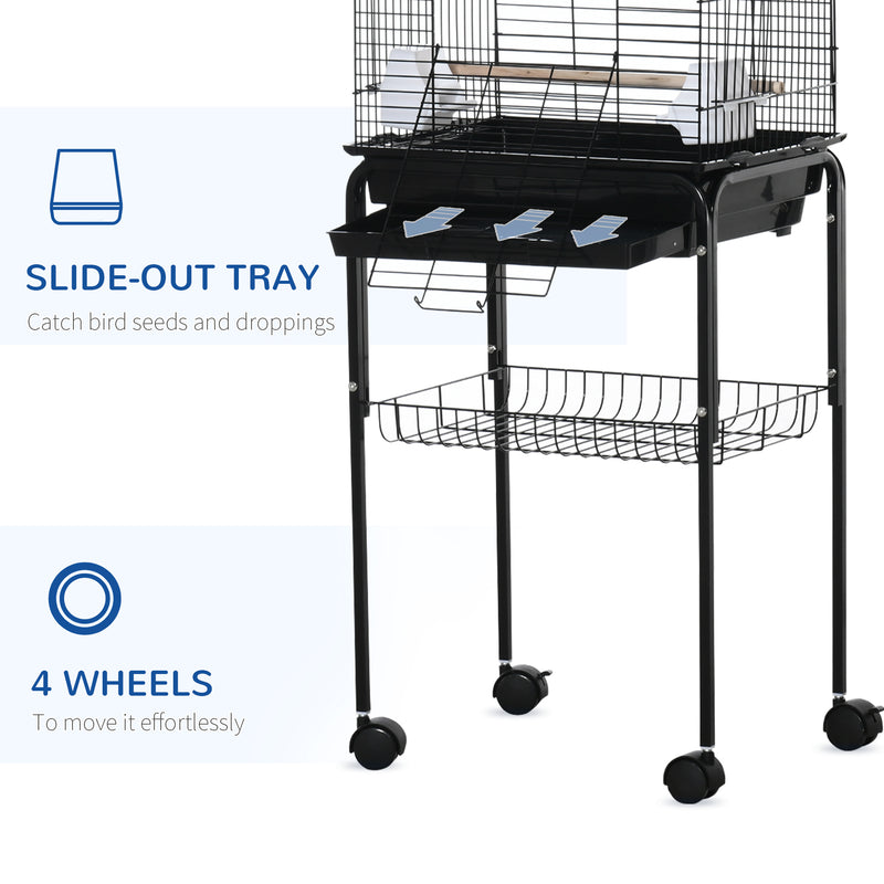 Gabbia per Uccelli con 3 Posatoi 2 Ciotole e 2 Porte Laterali 46x36x130 cm in Acciaio PP e Legno Nera