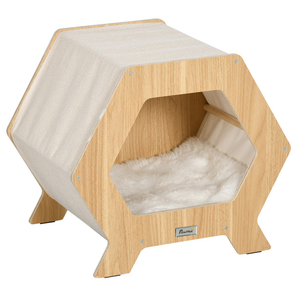 online Zwinger für Katzen 49,5x38,5x43,5 cm aus Holz und Stoff mit Eiche und weißem Plüschkissen