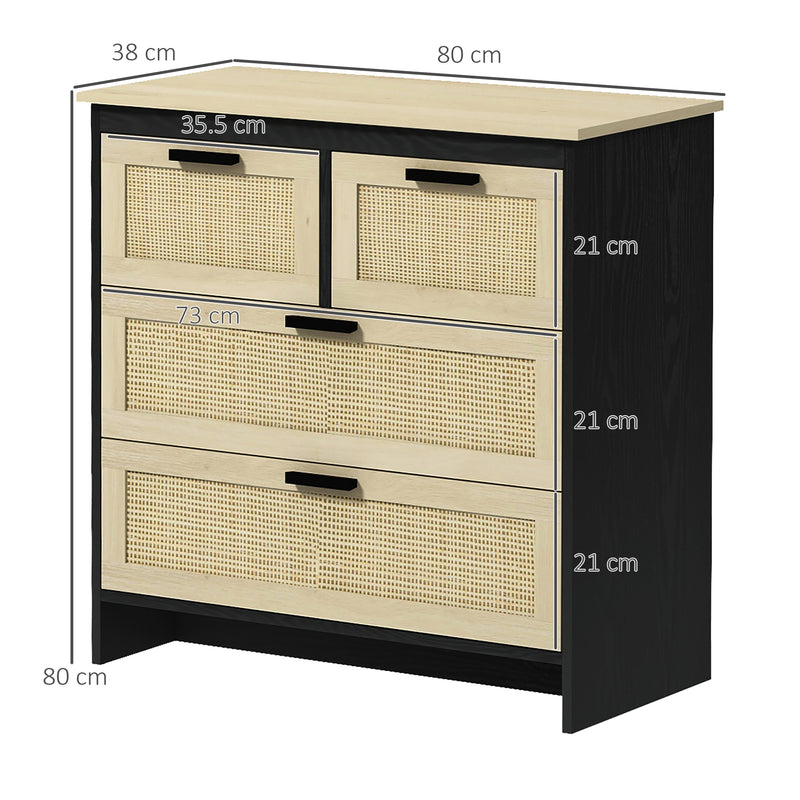 Cassettiera 4 Cassetti 80x38x80 cm in Truciolato e Rattan Nero e Color Legno