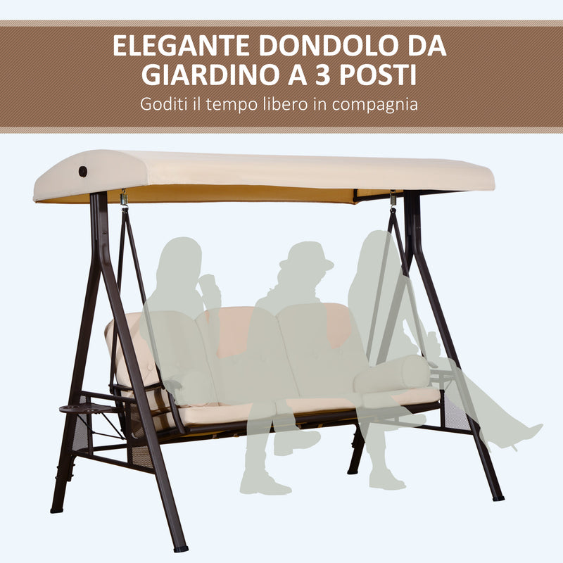 Dondolo da Giardino 3 Posti 208x121x172 cm Tetto Regolabile, Portabicchieri e Cuscini Beige  