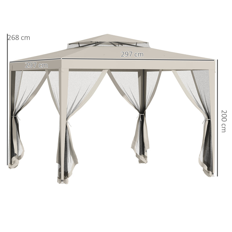 Gazebo da Giardino con Zanzariera Doppio Tetto 3x3m Telaio in Metallo Beige