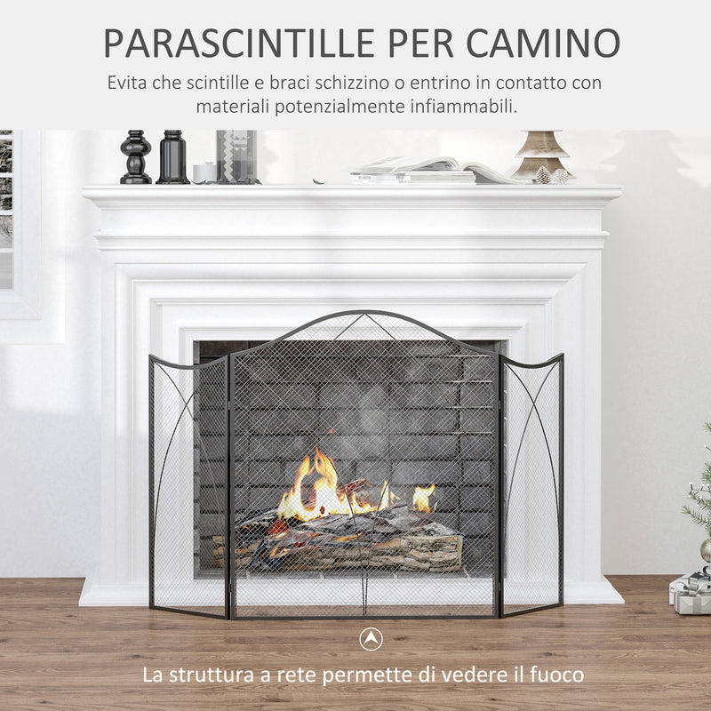 Parascintille con Antine 126x2x76 cm Pieghevole a 3 Pannelli in Metallo Nero 