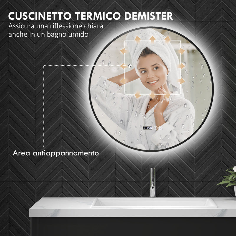 Specchio Bagno con Luce LED a 3 Tonalità Ø70 cm Antiappannamento e Display Tempo e Temperatura Nero   